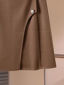 GlowEve Women's Light Brown Wool-Blend A-Line Skirt With Metal Decor Button, Elegant And Sophisticated, Suitable For Parties, Holidays, Christmas, Thanksgiving, Halloween - Brown - View 4
