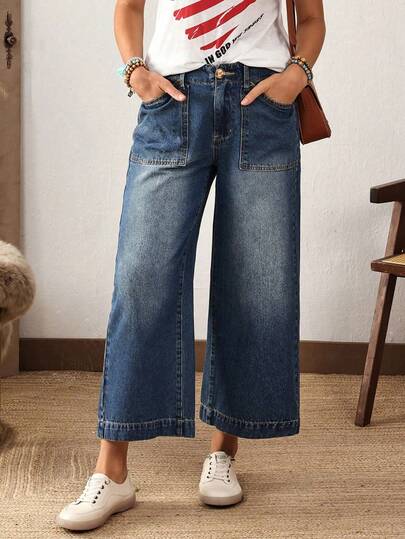 EMERY ROSE Plus Size Casual Washed Vintage Wide Leg Jeans Casual Street Patchwork Pocket Loose Wide Leg Jeans Women Jeans Baggy Loose Jeans