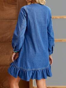 EMERY ROSE Women's Button Design Round Neck Rolled Sleeve Casual Loose Denim Dress - Blue - View 2