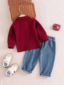 SHEIN 男婴两件套保暖高领长袖T恤和灯芯绒背带裤套装，舒适休闲可爱小熊图案基础款，适合室内、室外、日常穿着、运动、派对、拍照、节日、街头风、运动服、慢跑服、圣诞节、新年等场合。 - 酒紅色 - 查看 2