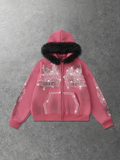 Street Life Men's Sparkling Rhinestone Fuzzy Collar Sweatshirt Sweatshirt, Loose Fit