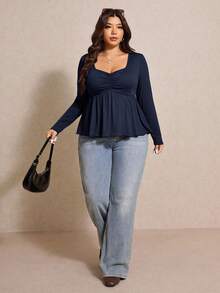 Elaquor Plus Size Solid Color Casual Long Sleeve T-Shirt, Autumn