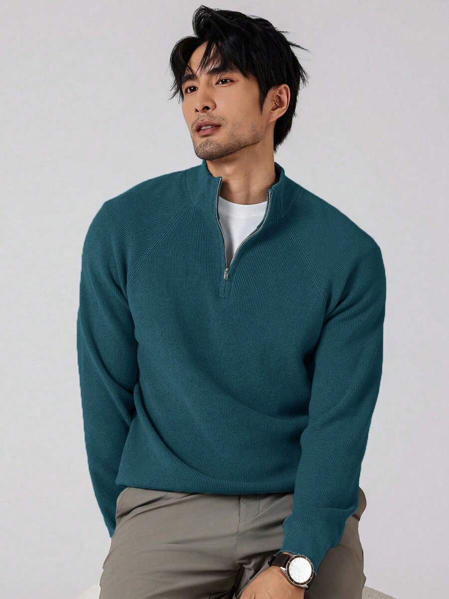 Manfinity Homme Jersey de media cremallera de unicolor casual para hombre, otoño/invierno - Neblina azul - Ver 1