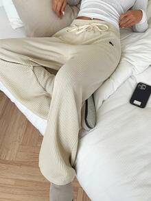 SHEIN EZwear Women's Knitted Embroidered Drawstring Waist Casual Wide Leg Sweatpants - Khaki - View 3