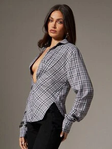 Denimoi Casual Long Sleeve Women's Twisted Front Low Neck Plaid Top - Grey - View 4