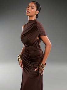 Normani European & American Style Coffee Color Elastic Slim Fit Asymmetric One Shoulder Round Neck Ruffle Patchwork Bodycon Mesh Sleeveless Dress For Women - Brown - View 5