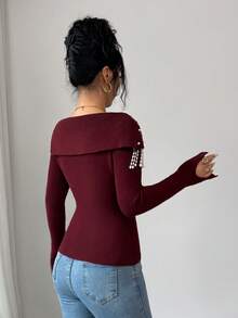 Elenzga Elegant Romantic Knit Sweater For Women With Flared Cuffs, Bow, Pearl & Tassel Decor, Waist Cinched - Burgundy - View 2