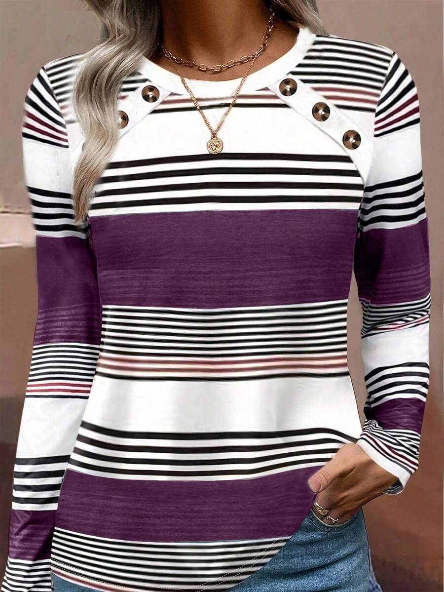 SHEIN LUNE Áo thun nữ cổ tròn tay dài kẻ sọc dáng rộng thời trang xuân thu áo thun họa tiết cho nữ mùa xuân - Nhiều màu - Xem 1