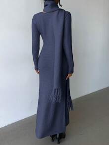 Elenzga Vestido de malha elegante, leve, com decote em V, estilo vintage, simples e confortável, com cachecol de borla, adequado para deslocamentos e passeios no outono/inverno - Azul - Ver 2