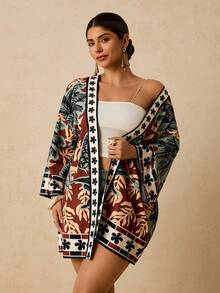 Travachic 大码女式热带植物棕榈树印花宽松和服，中长袖花卉图案休闲沙滩装，浪漫早春女式沙滩夏季款 2026