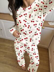SHEIN Leap Crew 2pcs Vintage Sweet Mini Cherry Print, Ballerina Style, Teen Girl Autumn/Winter Round Neck Raglan Sleeve T-Shirt & Plaid Pattern Loose Pants Casual Pajama Set, Suitable For Christmas Loungewear - Multicolor - View 3