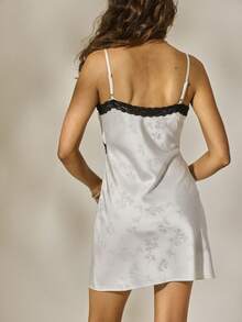Aralina Sleepwear Fall Winter Date Night Floral Jaquard Satin Slip Mini Loungewear Dress With Contrast Lace - White - View 2