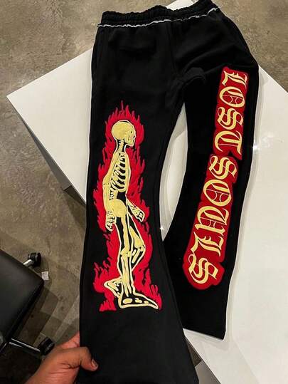 Men's Loose Fit Graphic Print Casual Pants, Comfortable & Suitable For Sports, Daily Wear, Autumn/Winter