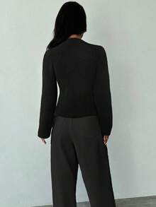 Firerie 女式深花 V 领金属纽扣前长袖毛衣上衣，日常工作服针织套头衫，春秋冬新品 - 黑色 - 查看 2