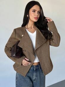 Firerie Women's Elegant Refined Casual Daily Commute New Street Fashion Urban Chic Oblique Placket Metal Button Waist Cinched Long Sleeve Double-Faced Coat, Autumn/Winter - Brown - View 3