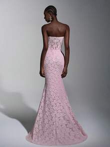 Elitara 优雅粉色露肩针织花卉深 V 领紧身美人鱼高开衩荷叶边下摆连衣裙，适合约会、度假、单身派对、婚礼、下午茶、购物、非正式场合、音乐节、海滩派对和晚会 - 粉色 - 查看 4