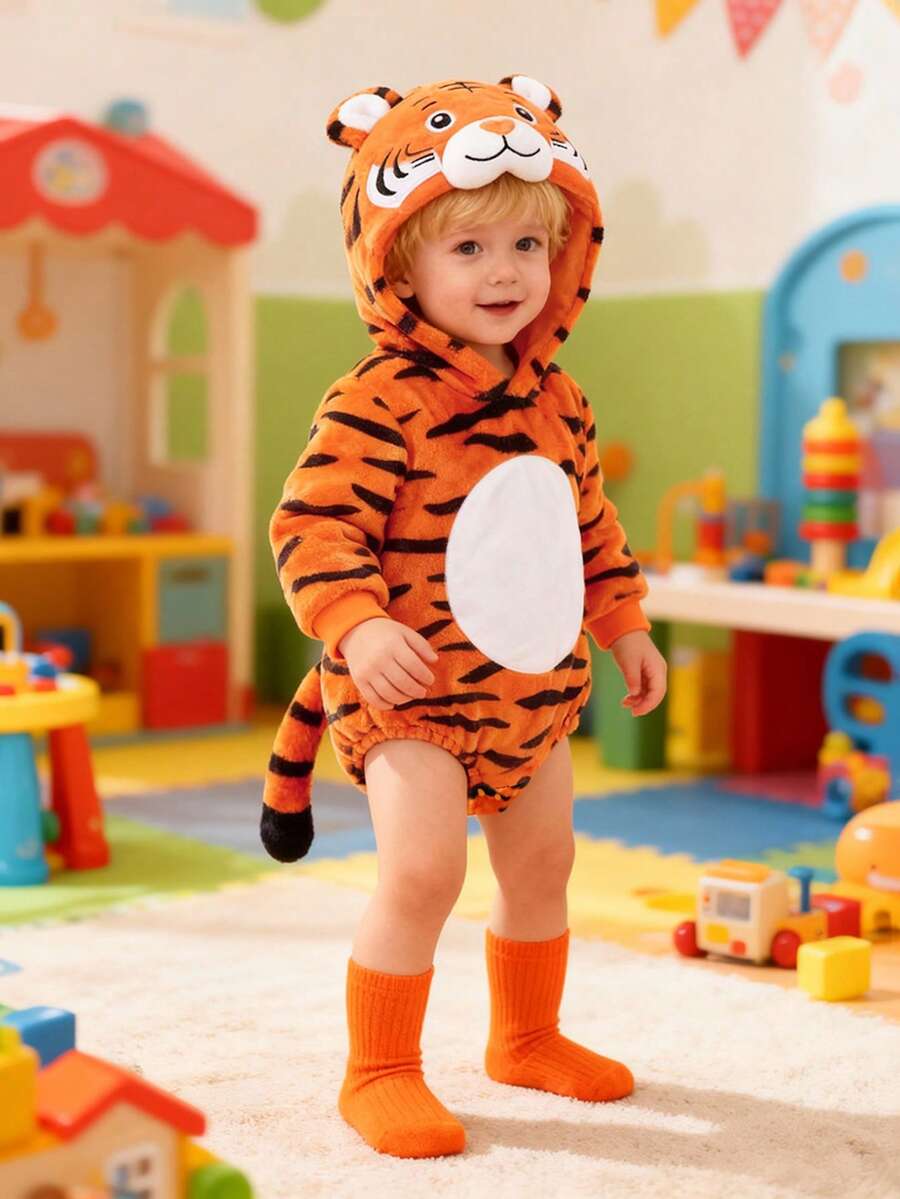 SHEIN 男婴可爱老虎印花毛绒连帽连体衣,带可拆卸3D尾巴,独特设计男婴服装 - 橘色 - 查看 1