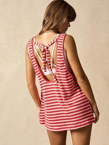 VARSIVA Red And White Striped Casual Sleeveless Backless Round Neck Sports Vest, With A Bow Tie At The Back, Suitable For Yoga, Sports, And Vacation Wear, Perfect For Spring And Summer. - Multicolor - View 1