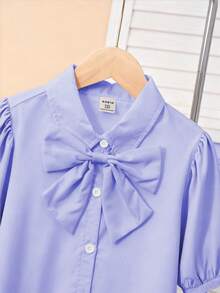 SHEIN Áo cánh dệt trắng thanh lịch dành cho bé gái tuổi teen, tay bồng, nơ có thể tháo rời, đa năng khi đi làm, kết hợp với váy, quần ống rộng, quần bó, quần short, thích hợp mặc khi trở lại trường và mặc hàng ngày - Màu tím - Xem 4