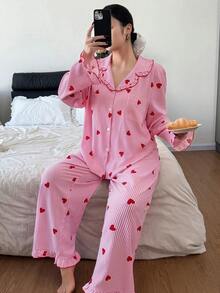 Plus Size Women Mushroom Collar Striped Heart Print Pajama Set, Fall & Winter Clothes - Multicolor - View 3