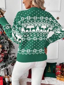 EMERY ROSE Suéter de tricô com ombros caídos, estampa de renas e flocos de neve natalinos, perfeito para o Ano Novo.