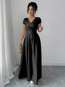 Elenzga V-Neck Cinched Waist Elegant Romantic Short Sleeve Women Dress - Black - View 5