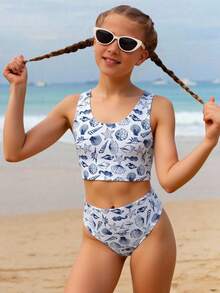 SHEIN 少女款Tankini泳衣，可爱针织面料，海洋生物印花，时尚优雅，休闲保守，适合夏季、游泳、海滩穿着。 - 彩色 - 查看 9