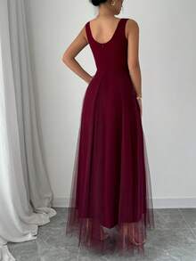 SHEIN Belle Burgundy Red Ladies' Summer Sleeveless Floor-Length Elegant Dress With Faux Pearl Decoration And Sheer Hemline Patchwork Maxi Women Outfit