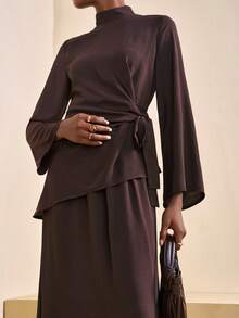 Zivah 2025 Autumn/Winter New Year, Valentine's Day, Party, Evening, Date, Birthday, College Style, Student, Daily Wear, Versatile, Casual, Cruise Travel, Trending, Elegant, Commute, Business Casual, Minimalist Collared Flare Sleeve Tie-Waist Asymmetric Hem Shirt + Loose A-Line Long Skirt 2-Piece Set, Brown Fabric, Women's Autumn/Winter Outfit Brown Two Piece Set Modest Two Piece Set Modest Dress Brown Elegant Dress Women Modest Sets For Women - Brown - View 7