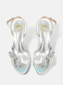 Zapatos de tacón de aguja y punta estrecha para mujer con decoración de flor con diamantes de imitación para vestido de primavera y verano - Plateado - Ver 1