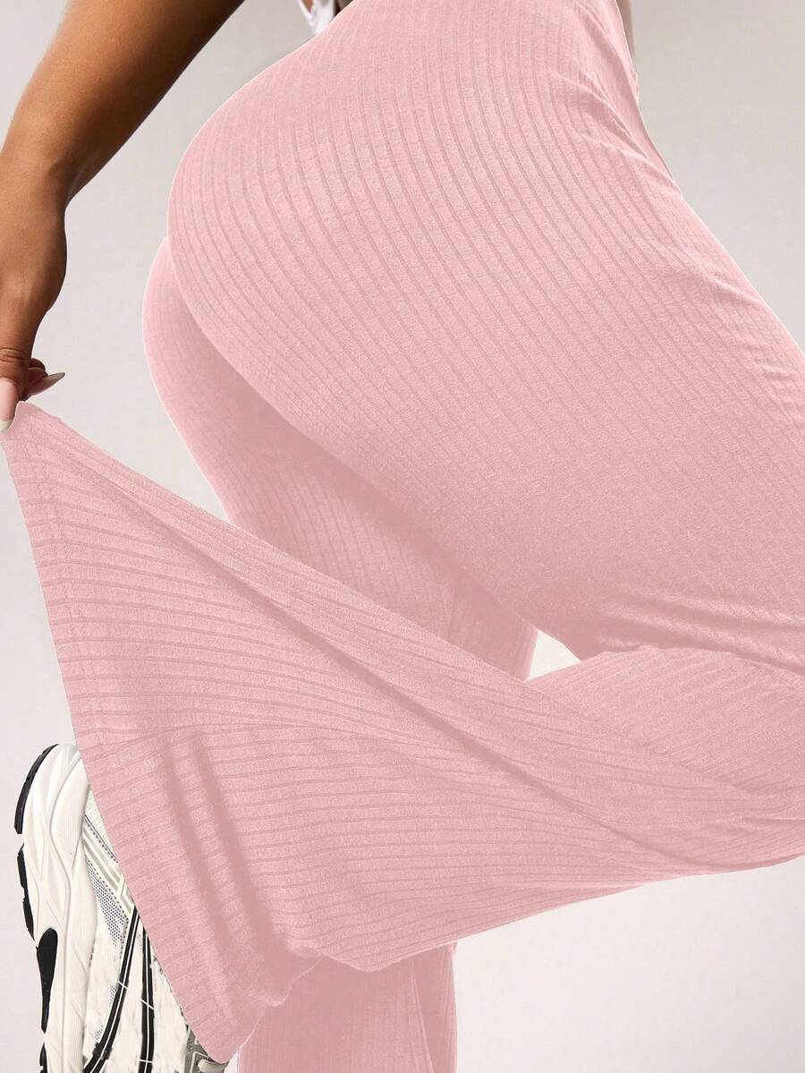 Rhythm Era Leggings acampanados acanalados para mujer, pantalones deportivos de ajuste ceñido para uso diario, para todas las estaciones - Rosa Pálido - Ver 1