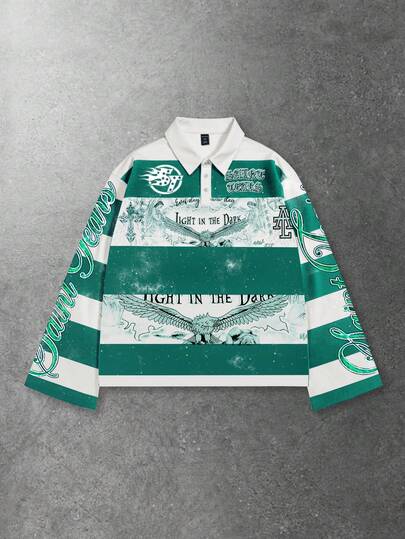 ROMWE MEN Street Life 男士印花长袖条纹 Polo 领 T 恤，休闲学院风上衣