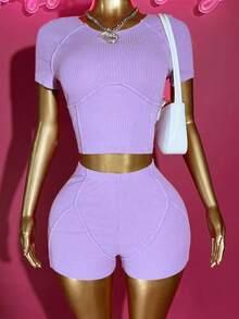 Slaydiva Conjunto Casual Feminino de 2 Peças com Camiseta de Manga Raglan e Gola Redonda Roxa e Shorts - Roxo - Visão 13