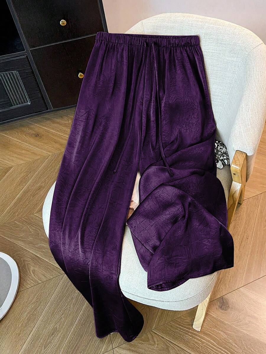SHEIN Tall CURVE 大码女式宽松舒适阔腿裤,专为高挑丰满身材设计,采用醋酸纤维面料制成。 - 紫色 - 查看 1