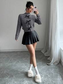 Elenzga Áo len dệt kim mềm mại, tay dài họa tiết nơ Pháp dễ thương dành cho nữ, mùa đông - Màu xám đen - Xem 3