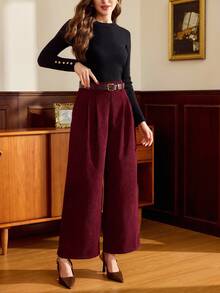 Vintamour 女士复古经典优雅灯芯绒长裤，收腰设计，配有腰带和口袋，棕色，秋冬款 - 酒紅色 - 查看 6