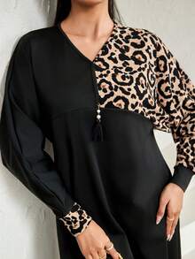 Al Najma Casual Loose Long Sleeve V-Neck Women's Arabic Dress  Black Dresses For Women Leopard Print - Black - View 1