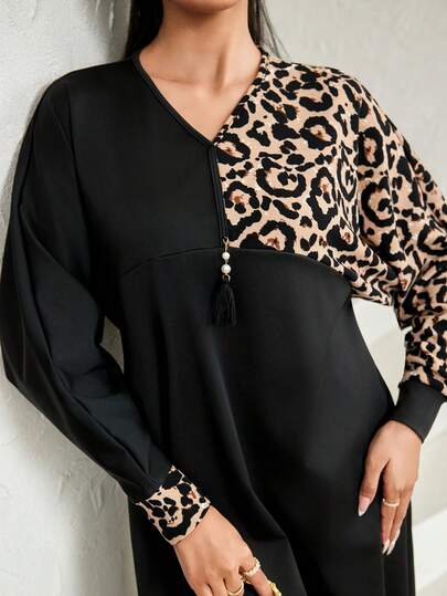 Al Najma Casual Loose Long Sleeve V-Neck Women's Arabic Dress  Black Dresses For Women Leopard Print