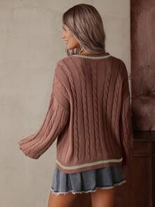 SHEIN LUNE Women's Casual V-Neck Drop Shoulder Ribbed Knit Sweater, Autumn/Winter - Coffee Brown - View 2