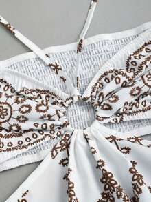 Sweetra 夏季休闲度假复古紧身露背系带镂空喇叭下摆蓝色印花迷你连衣裙（女款） - 咖啡 - 查看 3