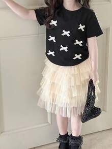 DAZY 2 Stücke/Set Süßes Outfit für Kleine Mädchen mit Schleifendekor, bestehend aus schlankem Kurzarm T-Shirt + Tüllrock, Herbst - Schwarz - Übersicht 3