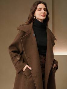 Anewsta Áo khoác len tối màu cổ đứng dáng rộng, dài vừa, phong cách cổ điển, sang trọng, thanh lịch dành cho nữ dịp Giáng sinh và năm mới, mùa đông - Lạc đà - Xem 5