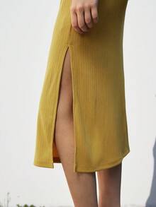 Maija 2025 Casual Elegant Textured Pleated Asymmetric One Shoulder Midi Dress, Mustard Yellow, Suitable For Early Autumn, Back To School, Party Season One Shoulder Dress One Sleeve Dress Yellow Dress Gold Dress Ribbed Dress - Mustard Yellow - View 7