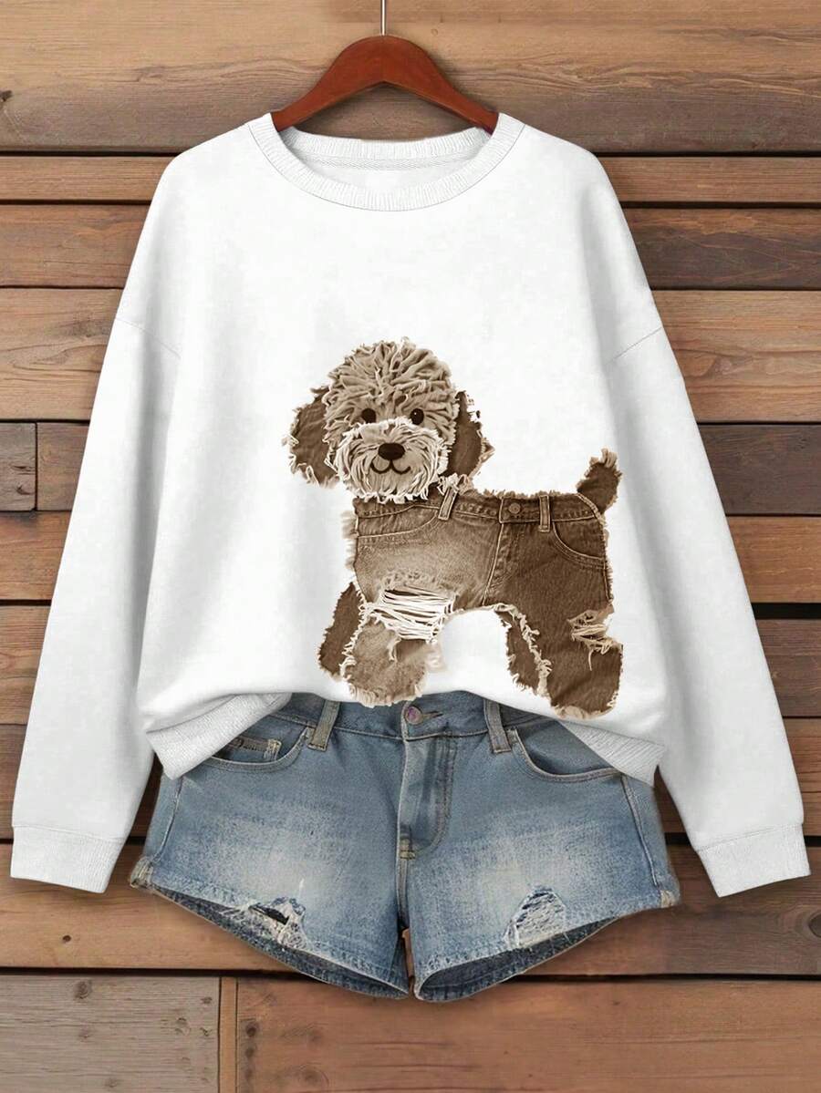 EMERY ROSE Plus Size Women Cartoon Dog Print Round Neck Drop Shoulder Long Sleeve Casual Loose Sweatshirt - White - View 1