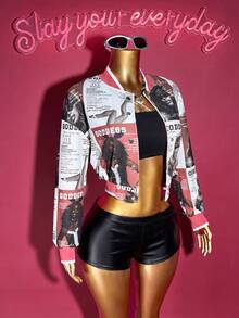 Slaydiva 2025 Winter New Style, Christmas, New Year, Birthday, Party, Banquet, Preppy Style, Student Wear, Everyday Outing, Basic Versatile, Casual, Cruise Travel, Influencer Hot Style, Motorcycle Style, Club Style, Baseball Collar Long Sleeve, Buttons Can Be Opened, Portrait Print, Winter Jacket, Christmas Jacket, New Year Jacket, Women's Jacket