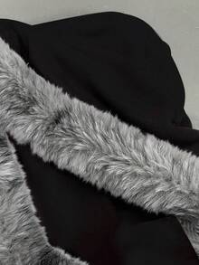 Glimmora Women's Regular Letter & Wing Print Zipper Front Hooded Sweatshirt With Fur Collar - Black - View 3