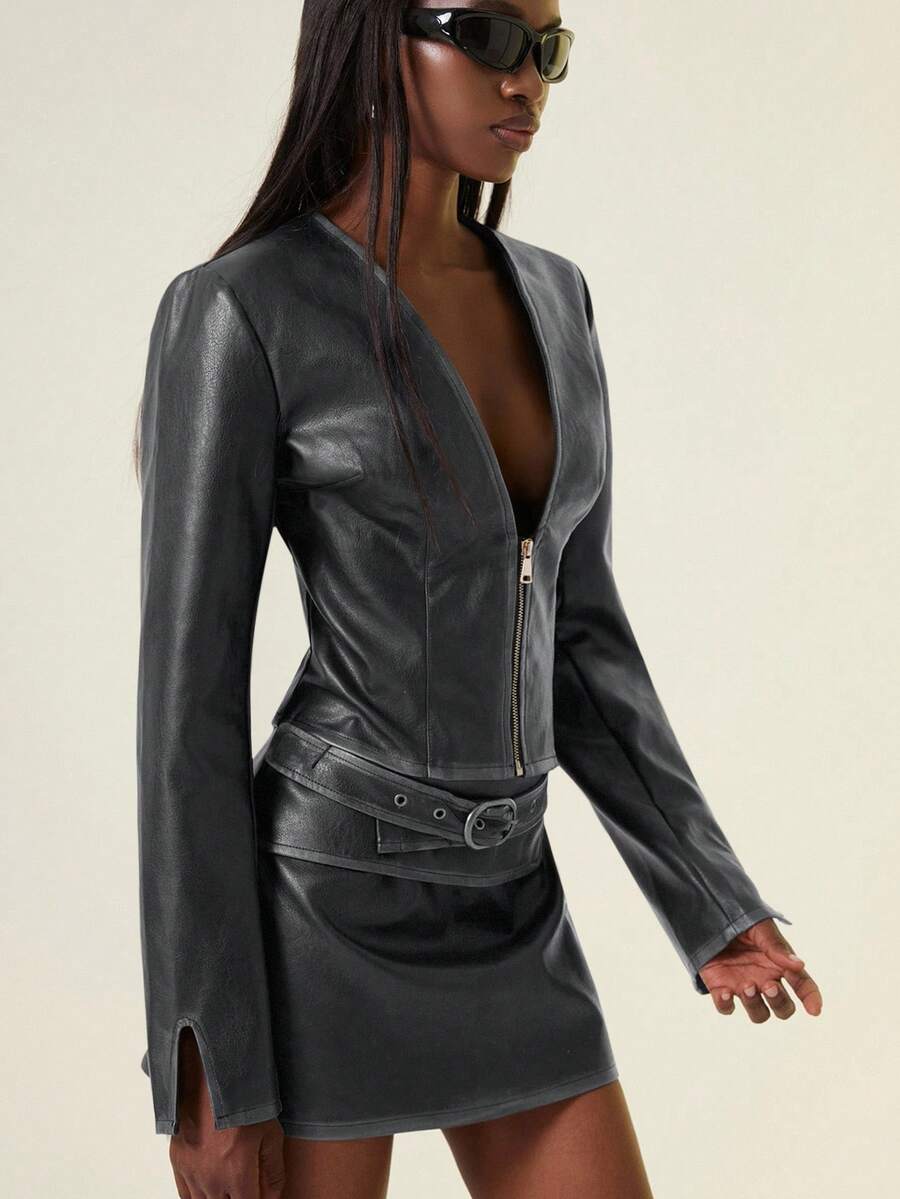 Aveloria Affinna 2pcs Y2K Distressed Black PU Leather Crop Top With Deep V-Neck Zipper Design And Low Waist Mini Skirt Set, Sexy Party Casual Outfit - Dark Grey - View 1