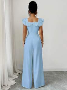 Elenzga Nuovo tuta da donna con colletto quadrato, volant, finta patta, decorazione con cintura e bottoni, elegante per uso quotidiano e spostamenti, snellente, vita alta - celeste - Visualizzare 2