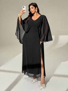 Auralis V-Neck Mesh Ruched Waist A-Line High Slit Sexy Dress, Suitable For Dates, Concerts, Banquets, Parties, Valentine's Day, Balls, Elastic Plus Size Black Elegant Maxi Dress With Long Sleeve Mesh Shawl/Elegant And Dignified Black Mesh Double-Layer Flowy Plus-Size Pleated Dress For Spring And Autumn / - Black - View 4