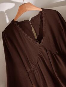 CosyJoli Plus Size Women V-Neck Contrast Lace Tie Back Long Sleeve Loose Blouse Spring - Coffee Brown - View 3